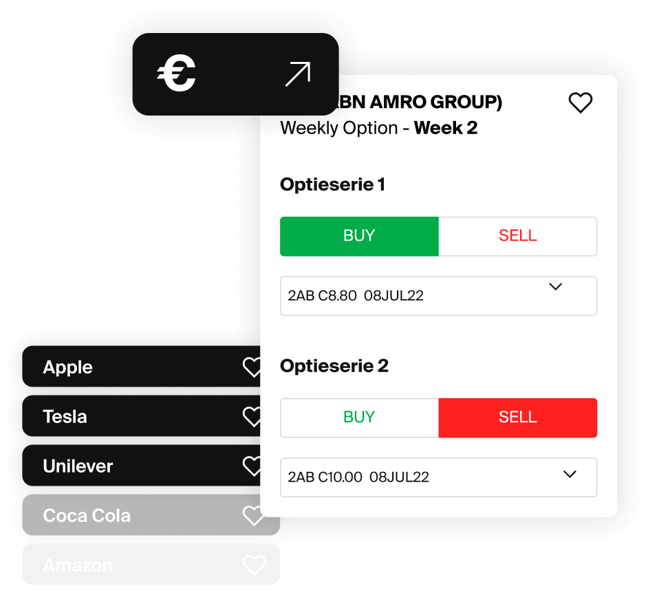 Optionen-Handels-Oberfläche zeigt Kaufen- und Verkaufen-Schaltflächen mit Aktien-Watchlist.