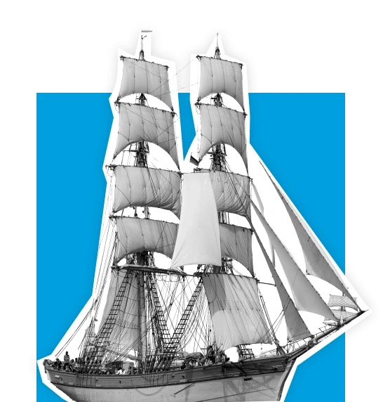 Nave storica a vela con più alberi e vele su sfondo blu.